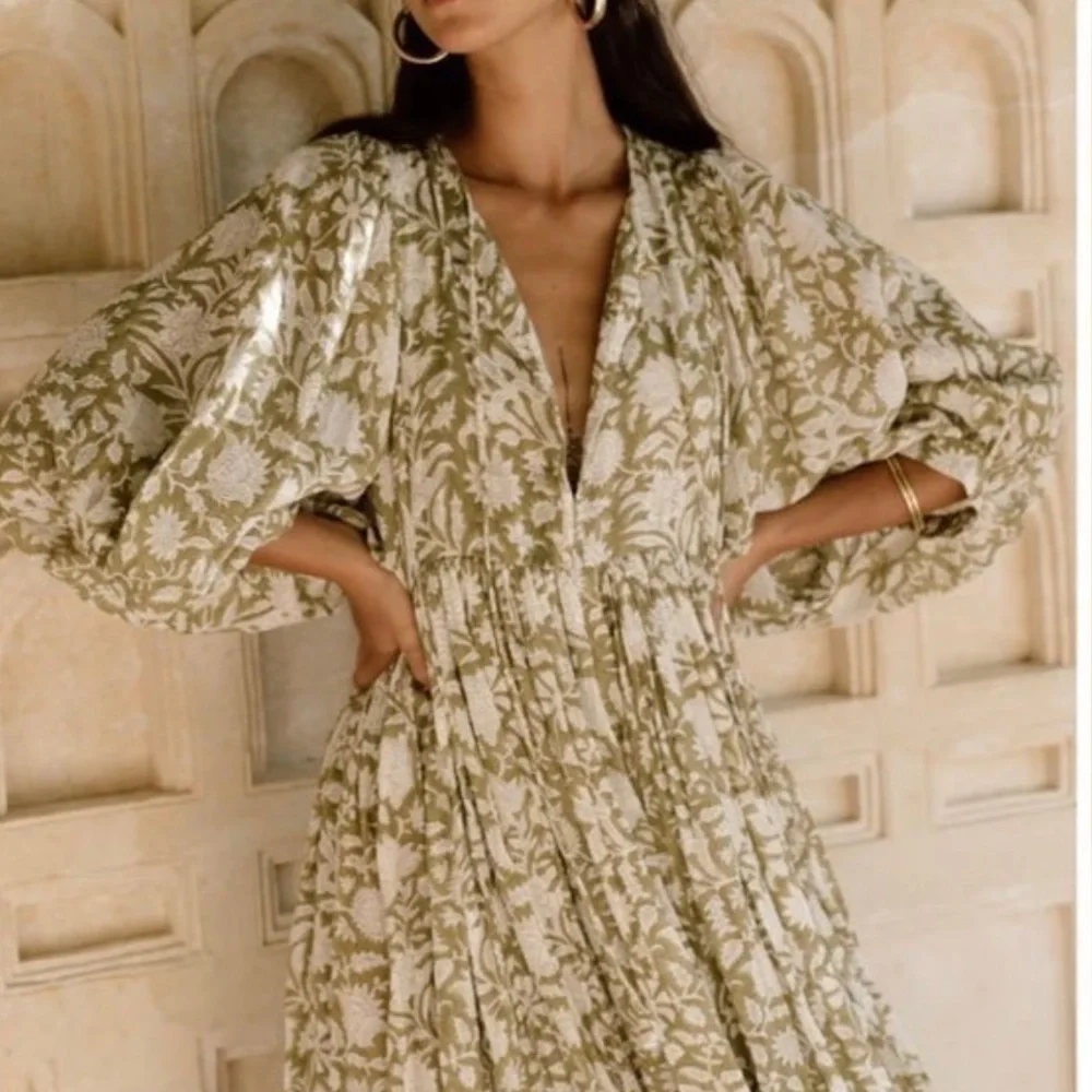 Daughters of India Olive and Cream Midi Dress - Picture 2 of 3